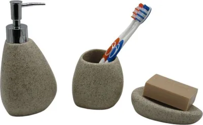 Produktbild von 3tlg Set Bad Accessoires Seifenspender Zahnbürstenhalter Seifenschale Stone sabbia