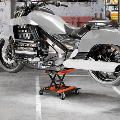 Produktbild von Motorradheber 500 kg, Motorradhebebühne Scherenheber, Stahl mit Gummiauflage, Orange | 49,5 x 39,5 cm | 135–390 mm höhenverstellbar | 4 Rollen