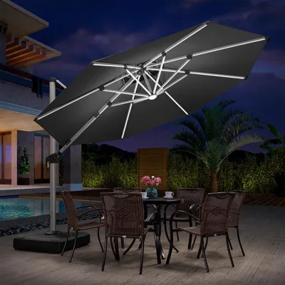 Produktbild von PURPLE LEAF Ampelschirm Sonnenschirm mit LED Solar Beleuchtung 330 cm Marktschirm Groß 360° Rotation, Balkonschirm mit Kurbel Sonnenschutz UV50+, Grau