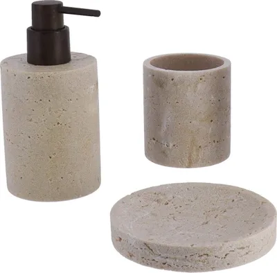 Produktbild von Set aus seifenspenderbecher und seifenschale aus polyresin in travertinoptik - natürlich - Tendance