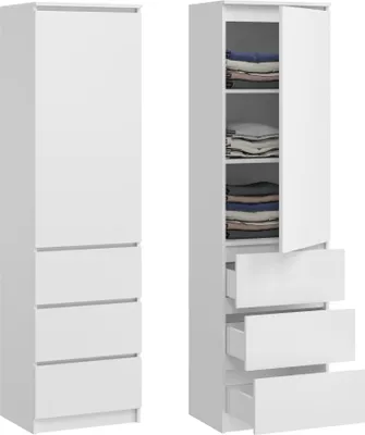 Produktbild von Kleiderschrank, Garderobenschrank, Mehrzweckschrank mit 3 Einlegeböden & 3 Schubladen | kompakter und funktionaler Schrank für Schlafzimmer, Flur oder Arbeitszimmer | 50x40x180 cm (BxTxH) | Weiß