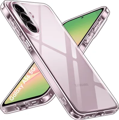 A transparent phone case is shown diagonally, with a phone screen visible inside.
