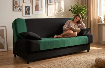 Produktbild von Schlafsofa SARA DUO – mit Bettkasten, Webstoff in Schwarz / Grün, Family Meble, KI-generiertes Bild