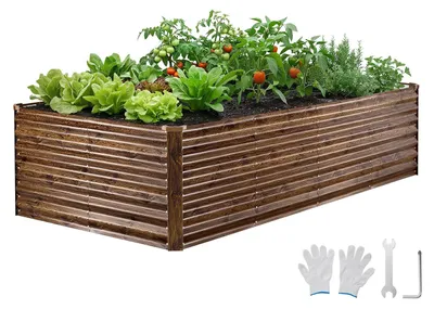 Obrázek produktu pro Kovový vyvýšený záhon – obdélníkový zahradní záhon 240 x 120 x 62 cm – pro venkovní použití – zeleninový záhon/květinový záhon – včetně zahradních rukavic – sada květináčů – pařeniště