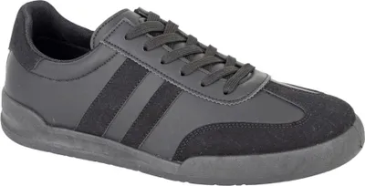 A black sneaker is shown from a side angle against a white background.