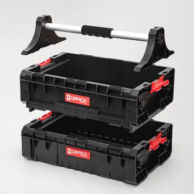 A modular toolbox with two stacked compartments and a silver handle.