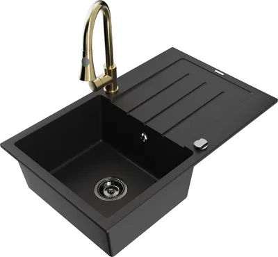 Produktbild von Mexen Bruno 1 Becken-Granitspüle mit Abtropffläche und Mischbatterie Elia, Schwarz - 6513-77-670101-50-B