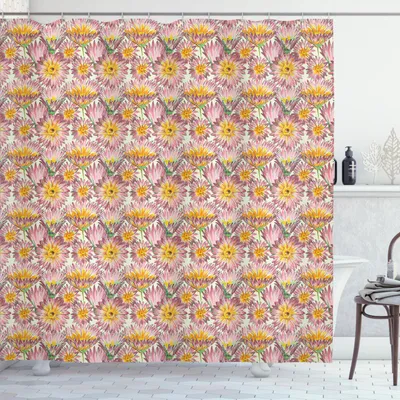 Produktbild von ABAKUHAUS Gänseblümchen Duschvorhang, Retro Doodle Blütenblätter mit Stämmen in rosa Schatten Aquarell-Stil Illustration, 175 x 240 cm, Mehrfarbig