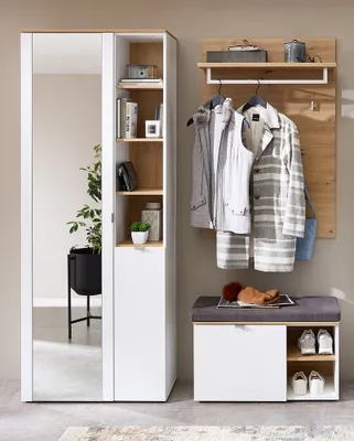 Produktbild von Garderoben Set modern 3-teilig weiß matt mit Eiche BLISS-36, inkl. Sitzpolster