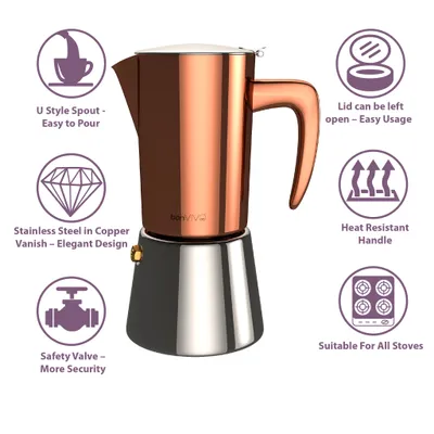 Produktbild von bonVIVO Espresso-Kocher, Maker, Kaffee-Maschine Edelstahl für 2 oder 6 Tassen, Farbe:Kupfer