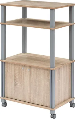 A three-tier shelving unit with a cabinet at the bottom, shown against a white background.