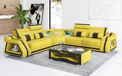 Obrázek produktu pro Kožená Rohová Sedací Souprava Ve Tvaru L Pohovka Žlutá Design