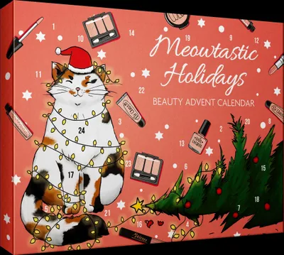 A beauty advent calendar with a cat wearing a Santa hat and decorated with Christmas lights.
