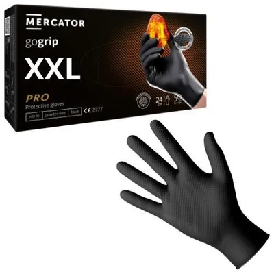 Zdjęcie produktu dla Rękawiczki nitrylowe Mercator GoGrip czarny grip grube 50 szt. rozmiar XXL jednorazowe ochronne