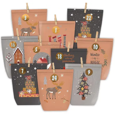 Productafbeelding van Adventskalender met 24 papieren zakjes, adventszakjes, cijferstickers, bruin en grijs