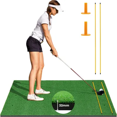 Produktbild von GOPLUS Golf Abschlagmatte, 152x92 cm Golf Übungsmatte mit 2 Ausrichtungsstäben, 2 Golf Tees & 6 Positionen, Golf Trainingsmatte für drinnen & draußen