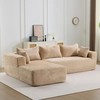 Immagine prodotto di Divano ad angolo con comoda chaise longue, divano a forma di L senza gambe di supporto e con seduta profonda, ideale per soggiorno e camera da letto, in tessuto corduroy, color beige