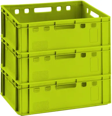 Produktbild von Fleischkisten E2 60x40x20cm Lagerkiste Eurobox aus Deutschland lebensmittelecht, robust, stapelbar , Variante:hellgrün 3x