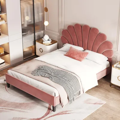 Image de okwish Lit rembourré 140 x 200 cm avec tête de lit florale et sommier à lattes, lit d’appoint en velours doux – rouge