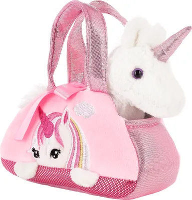 A plush unicorn toy peeking out of a pink handbag.