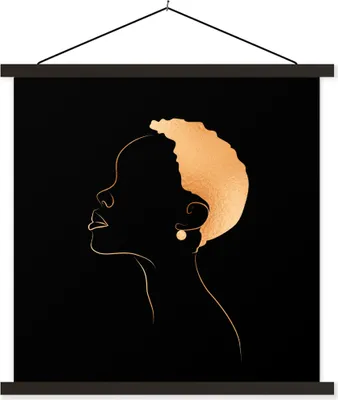 Produktbild von MuchoWow® Textilposter Frau - Schwarz und Gold - Strichzeichnung 60x60 cm mit schwarzem Rahmen - Posteraufhänger