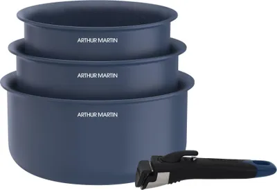 Produktbild von Topfset, 3-teilig, Arthur Martin AM0320, Keramikbeschichtung, Ø 16-18-20 cm, Induktionsgeeignet, Abnehmbarer Griff, Blau