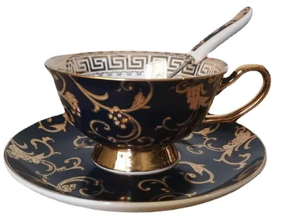 Zdjęcie produktu dla Zestaw filiżanki i spodka, 200 ml, porcelana kostna, wzór retro z kwiatami, ciemnoniebieski