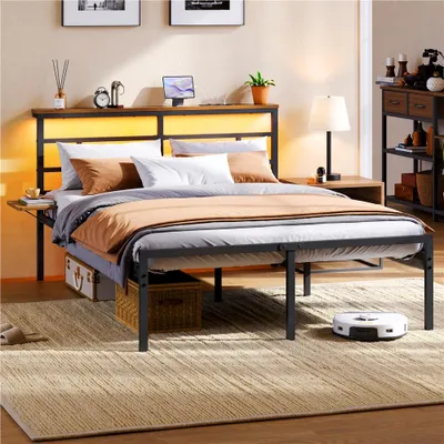 Produktbild von Yaheetech Metallbett mit Ladestation (2 Steckdosen + 2 USB) & LED, Bettgestell mit Kopfteilregal und verschiebbarer Seitenablage, 140×200cm