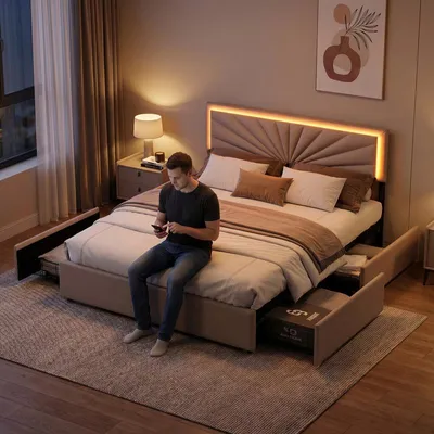 Produktbild von ProximaX Polsterbett 160×200 cm mit LED-Kopfteil – Stoffbett mit 4 Schubladen für Schlafzimmer oder Gästezimmer, Beige