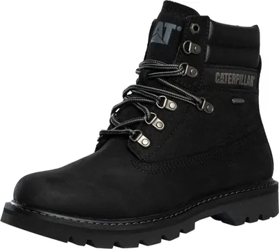 A black Caterpillar boot shown from a 3/4 angle against a white background.