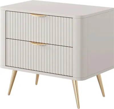 A beige nightstand with two drawers and gold legs and handles, set against a white background.