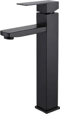 A black, modern, high-rise bathroom faucet is shown against a white background.