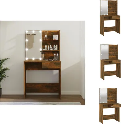A makeup vanity with LED lights and shelves, shown in a room setting.