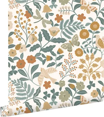 Immagine prodotto di ESTAhome carta da parati fiori e uccelli blu grigio, verde oliva grigiastro e giallo ocra 53 cm x 10.05 m
