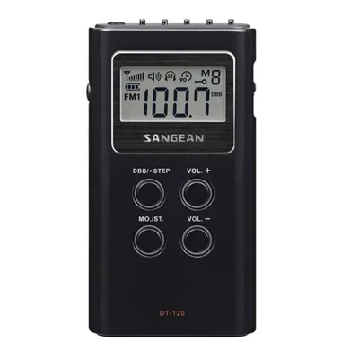 A black Sangean DT-120B portable digital radio is shown against a white background.