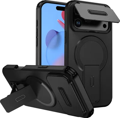 Image de Etui magnétique pour iPhone 17 Pro Max, étui durable double couche avec protection coulissante de l'appareil photo et support ajustable Noir