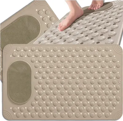 Zdjęcie produktu dla EDIBAZZAR | Antypoślizgowa mata do kąpieli pod prysznicem i w wannie, 69 x 36 cm, beżowa, z funkcją masażu