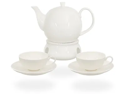 Produktbild von Buchensee Teeservice / Teeset / Teekanne 1,5 liter mit Stövchen und 2 Tassen je 150ml in weiß, Fine Bone China