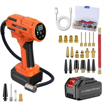 Produktbild von Tragbarer Akku Kompressor mit 3000mAh Akku, 21-teiliges Set, 150PSI, Auto-Off, LED Lampe, Luftpumpe für Auto, Fahrrad, Bälle, Elektrische Luftpumpe