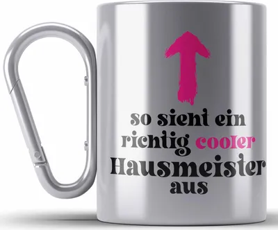 Produktbild von Trendation - Hausmeister Edelstahl Tasse Karabiner Lustiges Geschenke Lustig Spruch Haustechniker (Silber)