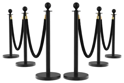 Image de Supports de barrière avec cordes en velours - Kit de barrières - Acier inoxydable - 6 supports - 4 cordes - Noir - Pour événements