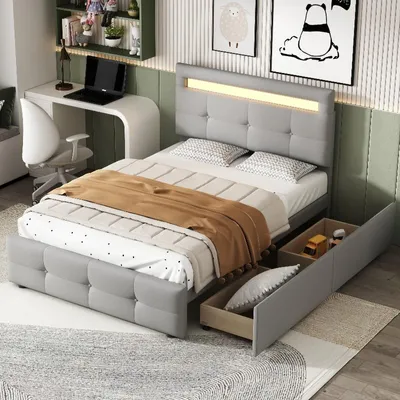 Produktbild von Polsterbett 90x200cm in Grau mit LED-Beleuchtung und 2 Schubladen, Einzelbett mit verstellbarem Kopfteil und Lattenrost für Kinderzimmer, Jugendzimmer oder Gästezimmer