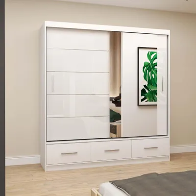Produktbild von Schwebetürenschrank Kleiderschrank 203 cm Weiß/Weiß semigloss mit Spiegel Florence