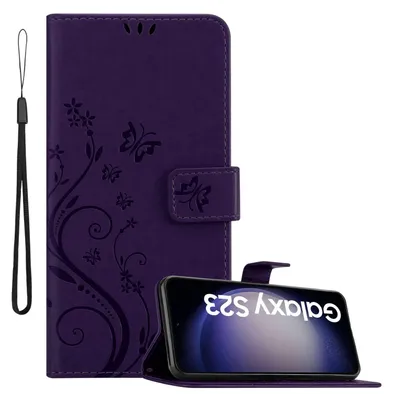 Produktbild von Cadorabo Hülle für Samsung Galaxy S23 in FLORAL DUNKEL LILA Schutzhülle im Blumen Design mit Magnetverschluss, Standfunktion und Kartenfächern Flip Case Flower Cover Etui Handy Klapp Hülle Book Tasche