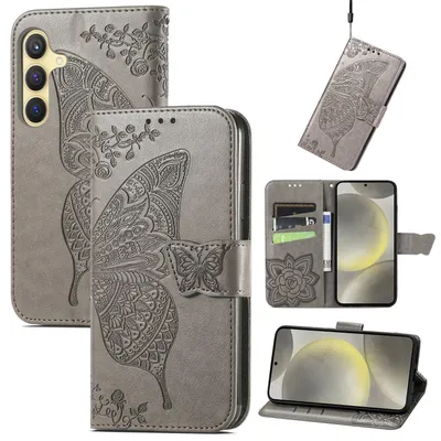 Produktbild von Für Samsung Galaxy S25 FE 5G Kunstleder Wallet Handy Tasche Schmetterling Design Hülle Etuis Grau