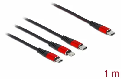 Produktbild von DeLOCK USB Ladekabel 3 in 1 USB Type-C zu Lightning / Micro USB / USB Type-C 1 m, 1 m, USB C, USB C/Micro-USB B/Lightning, USB 2.0, Schwarz, Rot