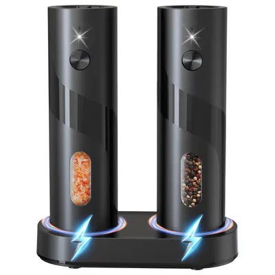 Produktbild von 2er Set Elektrische Salz und Pfeffermühlen, Wiederaufladbare Gewürzmühle,mit Doppelter Ladestation,einstellbare Grobheit, LED Licht, 110ml
