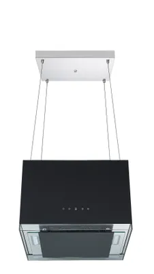 A black island range hood suspended from the ceiling by wires against a white background.