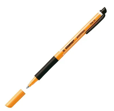 A single orange and black pen with its cap off, lying on a white background.