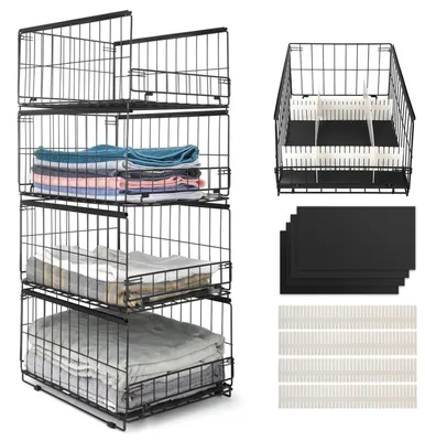 Productafbeelding van 4 stuks stapelbare schaporganizers - Opvouwbare opbergboxen in zwart
